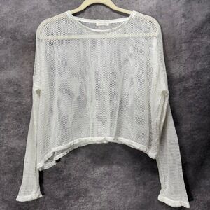 Krista Larson White Open Fish Net Mesh Cropped Sweater Boxy Oversized Asymmetric